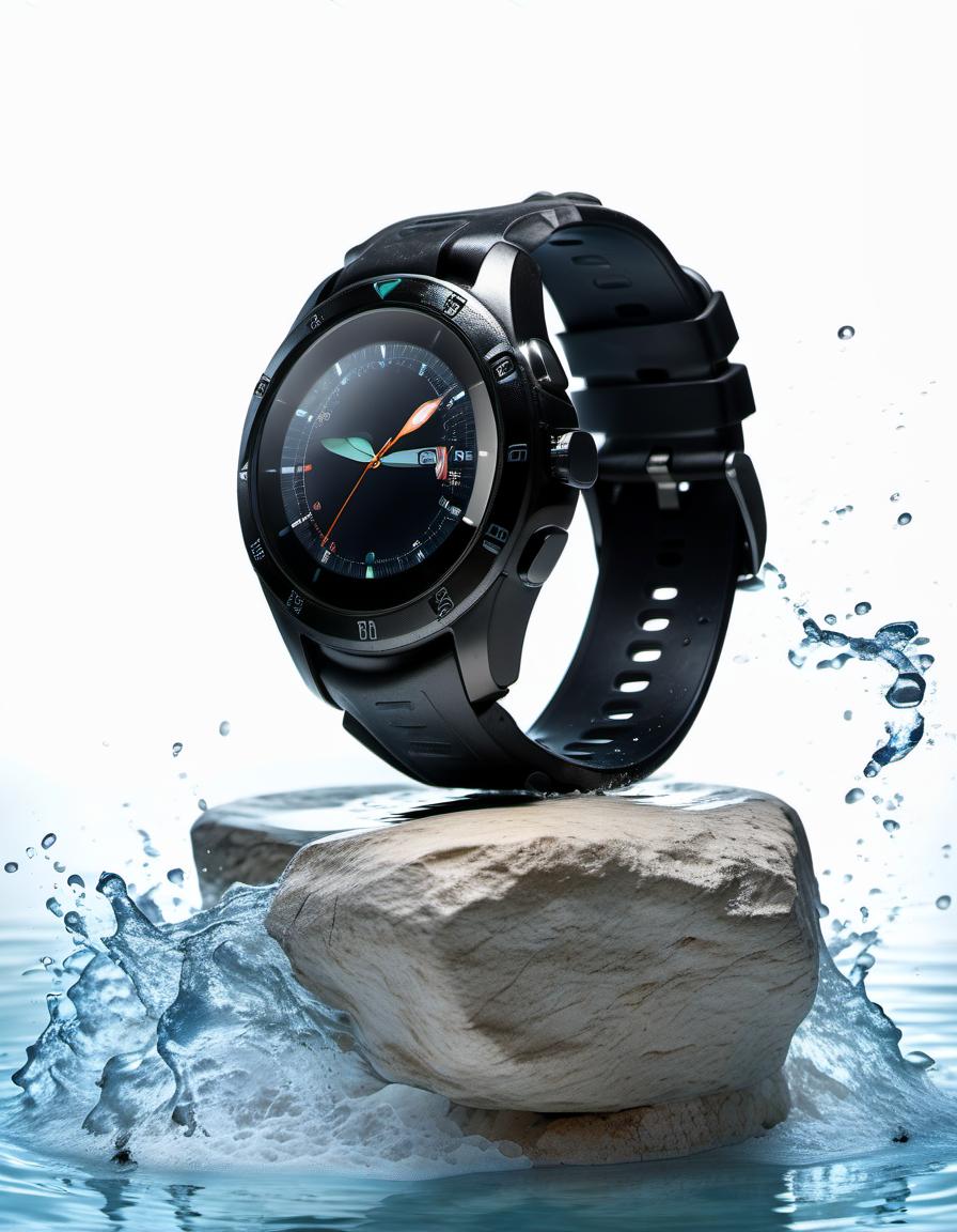  smart watch on stone, around water splash, light background, film photography style