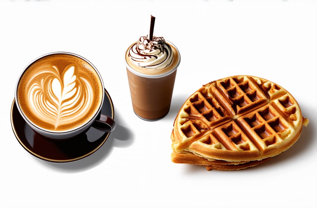  professional detailed photography, the latte coffee cup icon is for a cafe. the cappuccino drinks is for a cafe. the caramel macchiato is for a takeaway. the waffle topped with a chocolate drink can be used for bakery or restaurant ar 3:2, (muted colors, dim colors, soothing tones), (vsco:0.3)