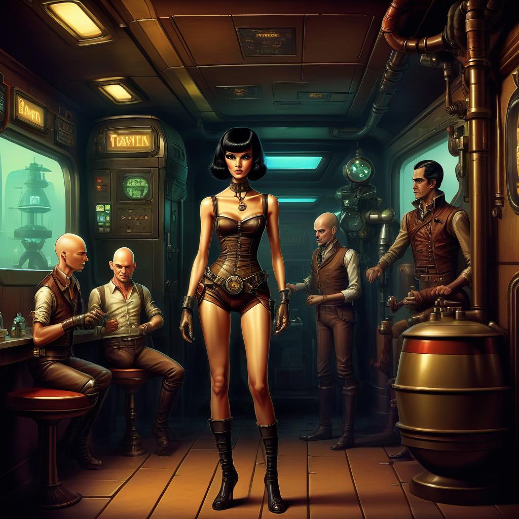  retro game art a group of smugglers, a potty man, 40 year, small, bald, black. a young , 20 year, medium sized s, graceful thin waist, long slender legs, black hair, droid, minotaur. full length image, steampunk, dieselpunk, paropunk, stand in a futuristic tavern. . 16 bit, vint colors, pixelated, nostalgic, charming, fun