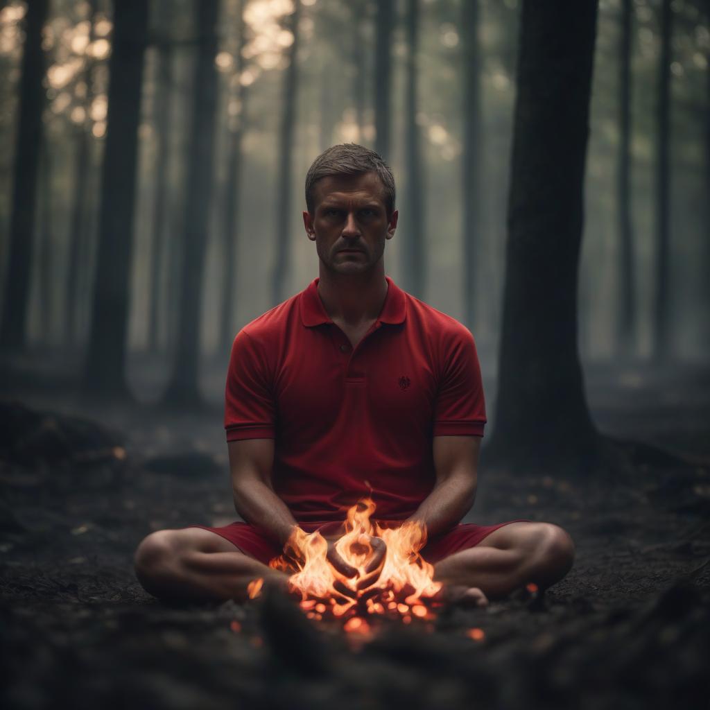  cinematic film still a man in polo, red polo, flames on his head, burns, sits in a lotus position, close up, against a background of a dark forest . shallow depth of field, vignette, highly detailed, high budget, bokeh, cinemascope, moody, epic, gorgeous, film grain, grainy