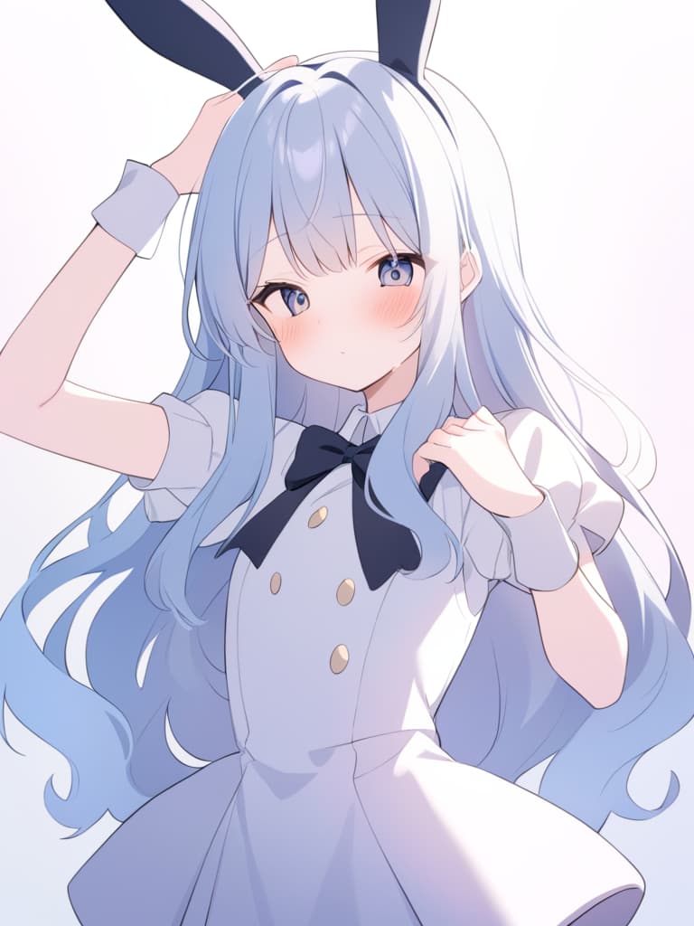  a shy and slightly blushing bunny with long,flowing hair styled neatly,wearing a clic black bunny suit with white cuffs,a bowtie,and long,soft bunny ears. her hands are raised near her head,mimicking the shape of rabbit ears in a cute and gesture. her expression is a mix of embarrment and charm,her cheeks flushed as she glances away,avoiding direct eye contact. the lighting is soft and warm,casting a gentle glow on her glossy outfit and delicate features.the background is simple and slightly blurred to keep the focus on her shy but adorable pose,creating a light hearted,almost whimsical atmosphere.