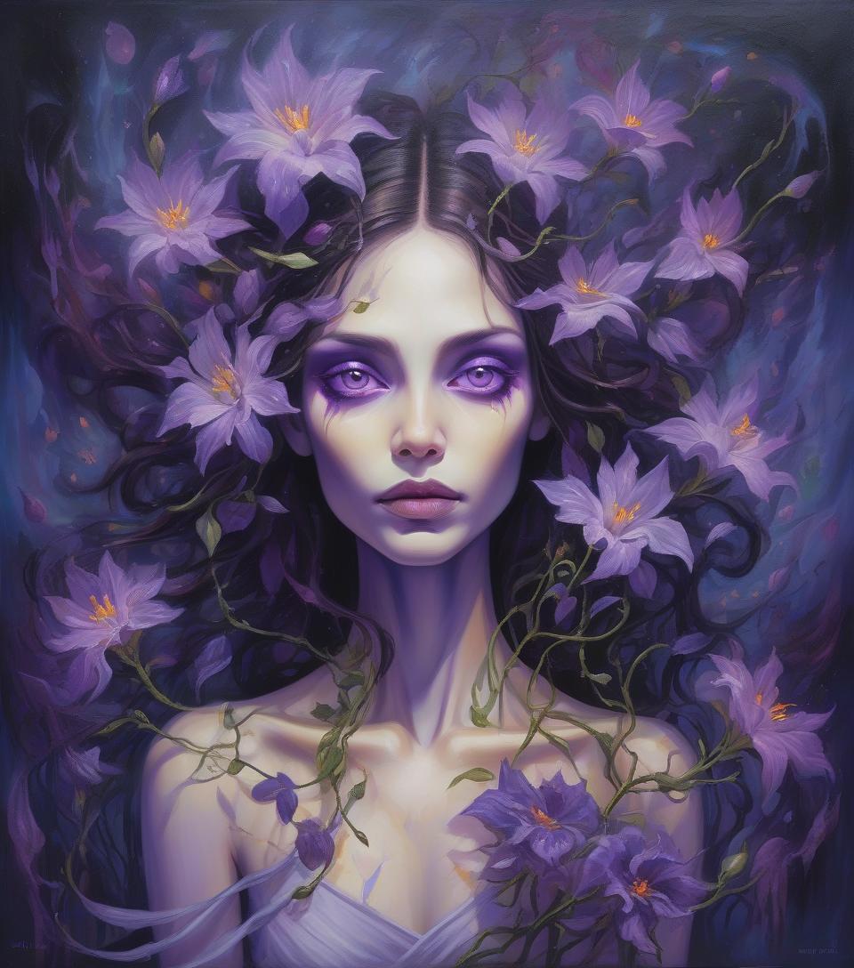  beautiful hybrid woman with purple flowers sprouting from her, oil painting,ethereal glow, dark and mysterious, high quality, vibrant colors, surreal, haunting, intricate floral details, intense gaze, mystical atmosphere, oil painting, demon, hybrid, fiery eyes, ethereal, vibrant colors, surreal, haunting, floral details, intense gaze, mystical atmosphere