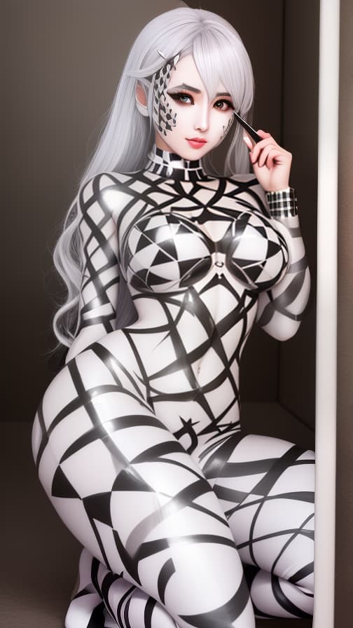  Chessboard check body paint in every corner of the body, Silver body paint all over the body,Silver face paint on the face, Dark elf 女の子