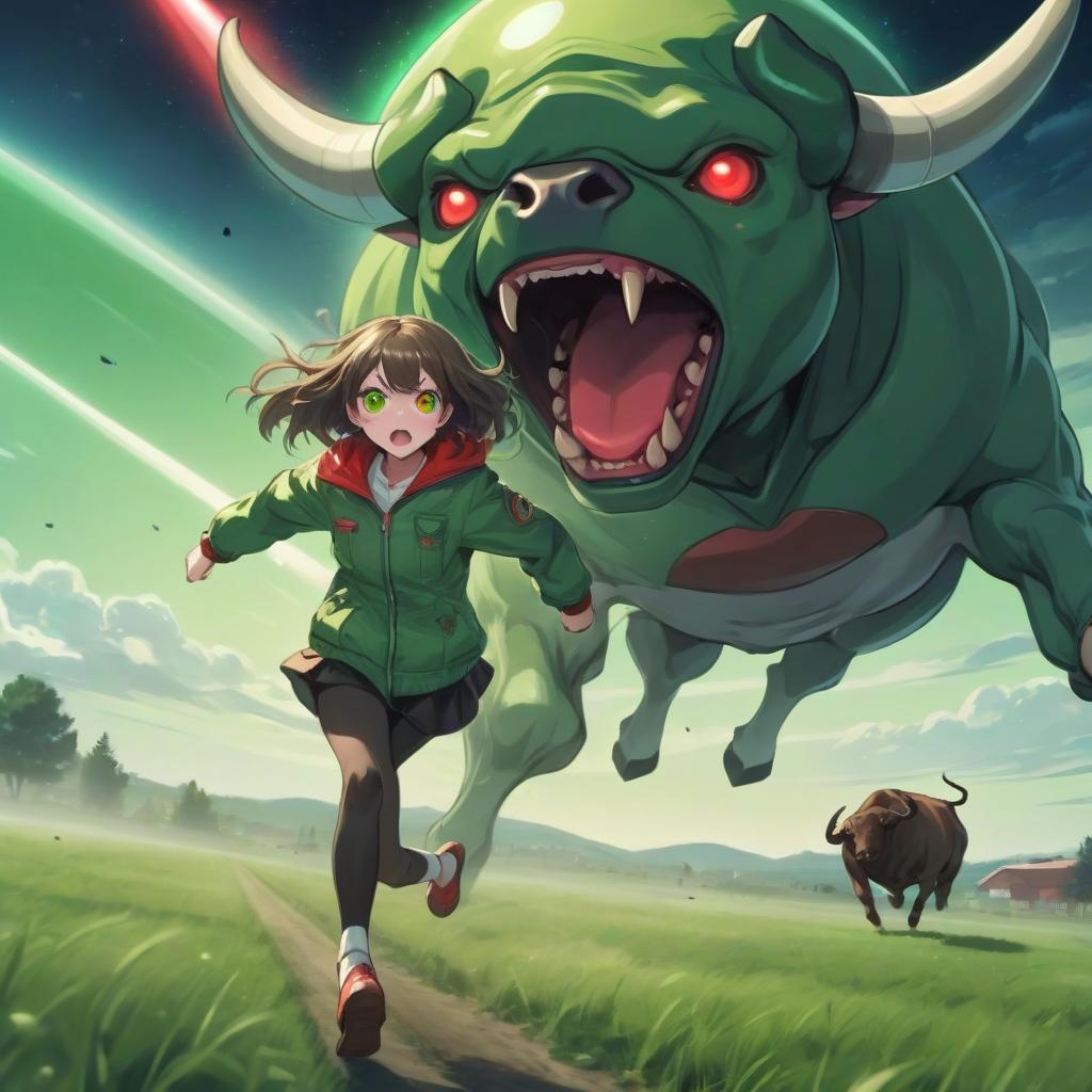  anime girl in a green jacket in a field runs from a ufo, countryside, mutant bull with red eyes, bright light, green tones