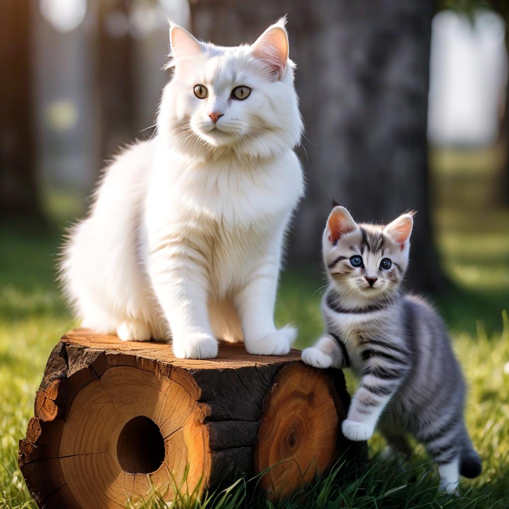  photo of a large white, yard, beautiful cat, along with his kitten. a cat teaches its kitten to jump on a high stump. the foam stands in the grass, behind all this is the wall of the country house. these trainings take place every day, they jump many times like in a training center. photo positive, mood to win photo realistic, highly intricate and detailed, masterpiece, ultra high res,photography,8k resolution