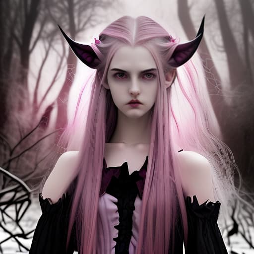  slender, pale pink skin, gray purple eyes, bright pink heart shaped mole under the left eye, maroon brows, pointed ears, sharp fangs, black hair with pink strands, hair in two tails, full height, victorian style.