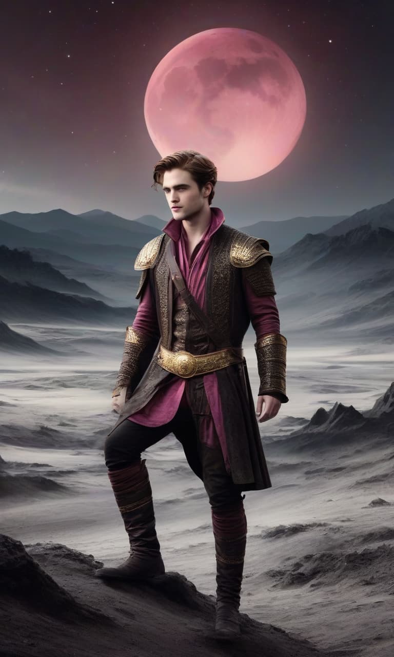  concept art pink, gold, black, white on the background of a huge moon eclipse robert pattison in the waist twilight behind . digital artwork, illustrative, painterly, matte painting, highly detailed, perfect hands