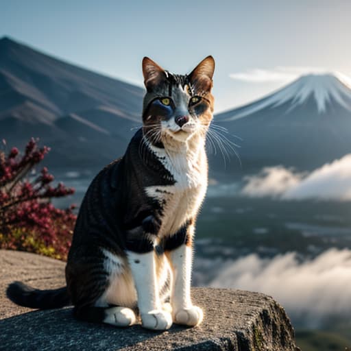  cat ,mount fuji hyperrealistic, full body, detailed clothing, highly detailed, cinematic lighting, stunningly beautiful, intricate, sharp focus, f/1. 8, 85mm, (centered image composition), (professionally color graded), ((bright soft diffused light)), volumetric fog, trending on instagram, trending on tumblr, HDR 4K, 8K