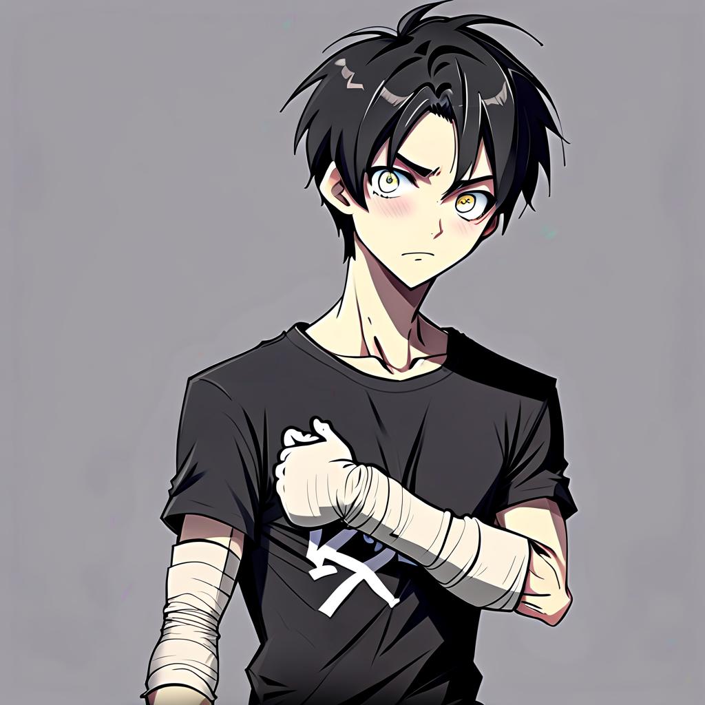  anime sketch. a guy with dull happiness on his face. gray eyes. slender body. bandaged forearms. black t shirt. short black hair. looking at the viewer. simple gray background. 4k. 8k. 16k. high resolution. hdr. high quality. insane detalisation, perfecteyes