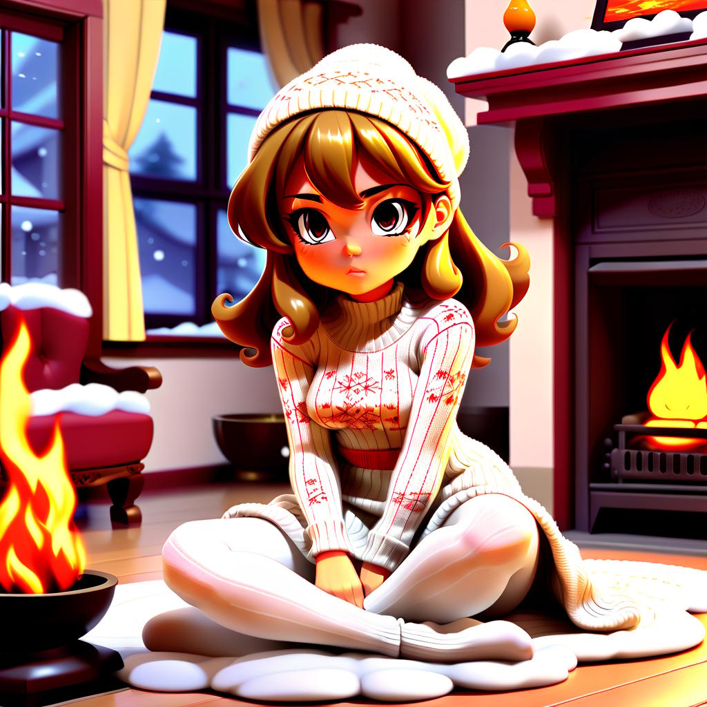  manga style kawai girl, mango, anime, sits in a room on the floor near the fireplace with a fire, she is wearing a knitted dress and high white leggings, in the background you can see in the window as it snows . vibrant, high energy, detailed, iconic, japanese comic style, sticker