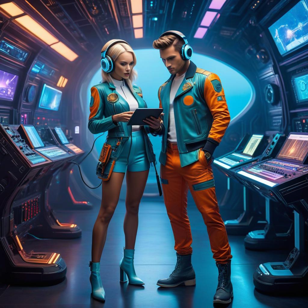  sci fi style a boy and a girl in the style of pop art of european appearance, a boy wearing dj headphones, a girl holding a tablet and a brush, detailing. . futuristic, technological, alien worlds, space themes, advanced civilizations hyperrealistic, full body, detailed clothing, highly detailed, cinematic lighting, stunningly beautiful, intricate, sharp focus, f/1. 8, 85mm, (centered image composition), (professionally color graded), ((bright soft diffused light)), volumetric fog, trending on instagram, trending on tumblr, HDR 4K, 8K