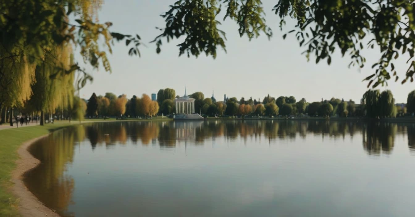  cinematic photo realistic landscape, metropolis in the distance, left and right close to the camera trees linden, 12 p.m., park, lake reflects trees, cinematic . 35mm photograph, film, bokeh, professional, 4k, highly detailed