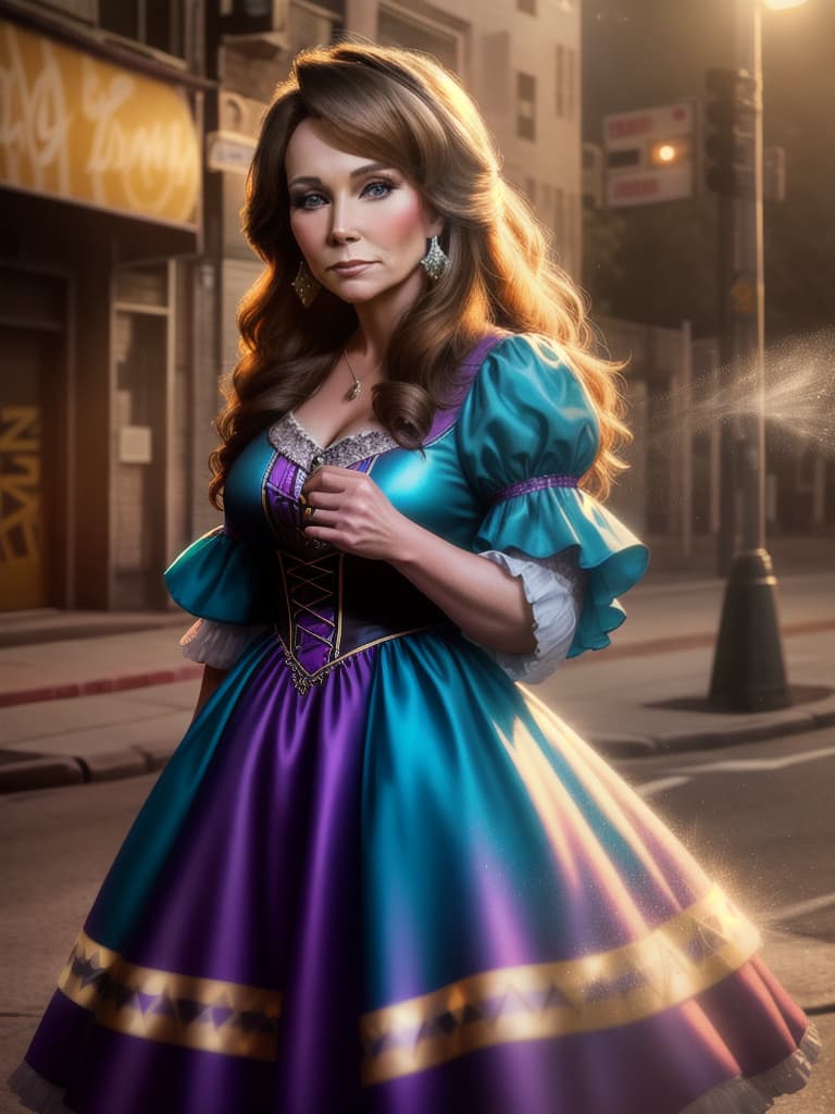  The young country singer Loretta Lynn, medium shot, upper body, spotlight, long exposure lighting, street art style spray paint, glamour lighting