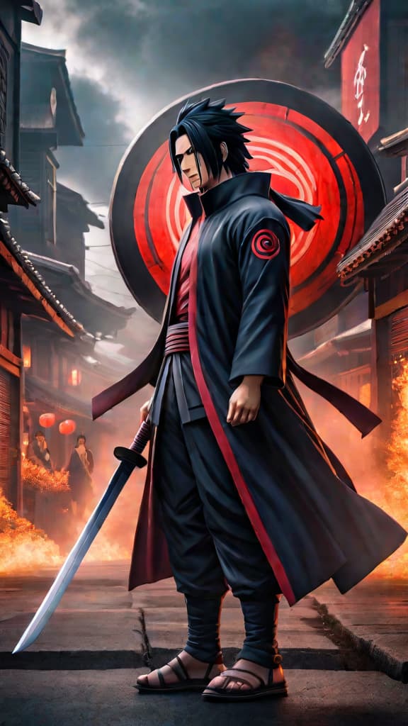  anime art: depict the rivalry of uchiha clan members itachi, sasuke, and fugaku with their mangekyō sharingan. hyperrealistic, full body, detailed clothing, highly detailed, cinematic lighting, stunningly beautiful, intricate, sharp focus, f/1. 8, 85mm, (centered image composition), (professionally color graded), ((bright soft diffused light)), volumetric fog, trending on instagram, trending on tumblr, HDR 4K, 8K