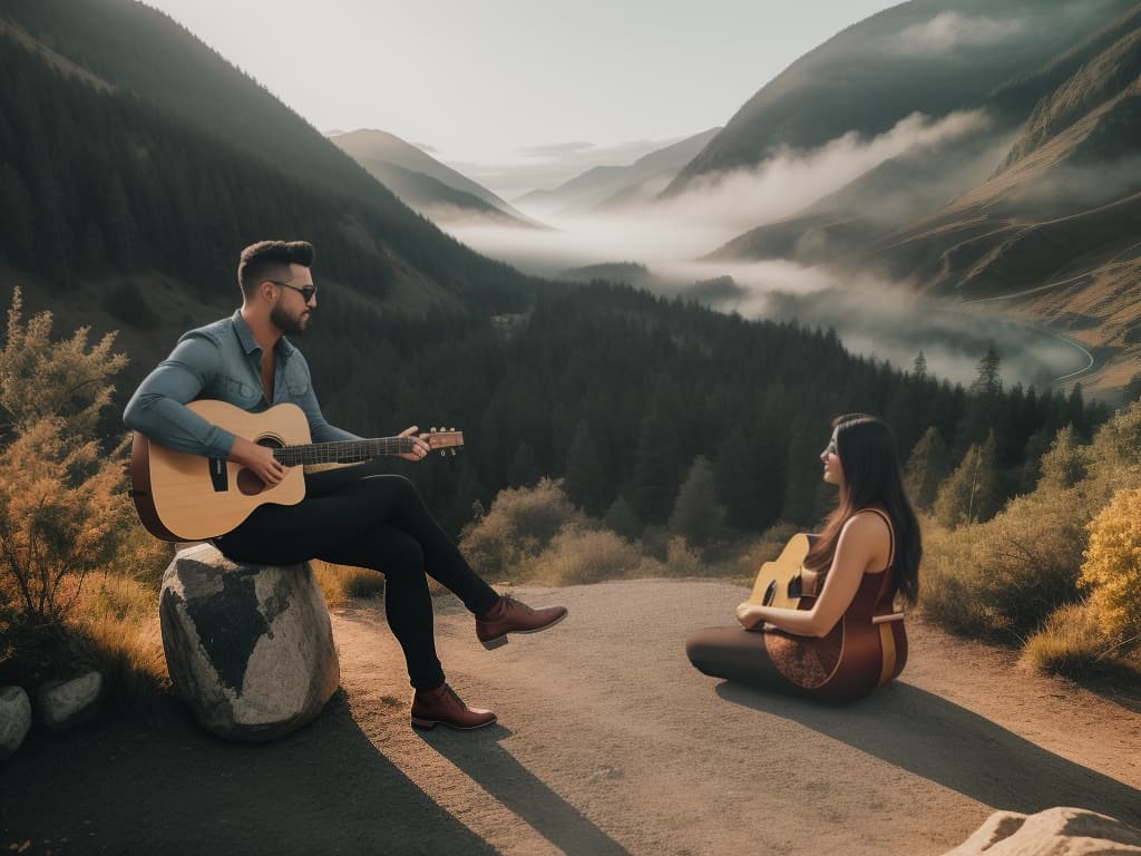  Guy playing guitar in a valley while sitting down and Woman dancing during sunset. hyperrealistic, full body, detailed clothing, highly detailed, cinematic lighting, stunningly beautiful, intricate, sharp focus, f/1. 8, 85mm, (centered image composition), (professionally color graded), ((bright soft diffused light)), volumetric fog, trending on instagram, trending on tumblr, HDR 4K, 8K