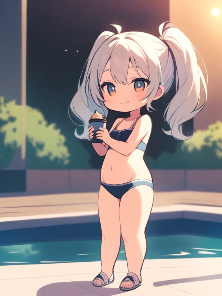  s, twin tails, cute smiles, male (,), swimwear, , (bulging), whole body, pool side,