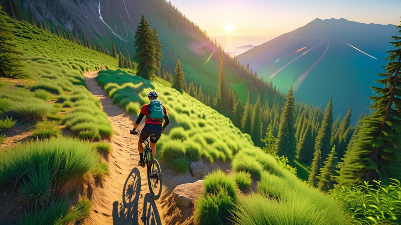  a dynamic mountain biking scene with a rider navigating a rocky trail, surrounded by lush green trees and a distant mountain range, emphasizing core strength and balance, with a sunlit sky casting vibrant shadows. hyperrealistic, full body, detailed clothing, highly detailed, cinematic lighting, stunningly beautiful, intricate, sharp focus, f/1. 8, 85mm, (centered image composition), (professionally color graded), ((bright soft diffused light)), volumetric fog, trending on instagram, trending on tumblr, HDR 4K, 8K