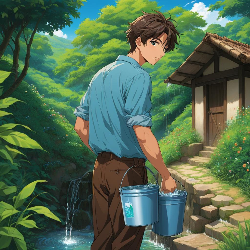  ### scene 1: fetching water **description**: the scene depicts a serene public well surrounded by lush greenery. a young man leaving showing his back holding with each hand 2 pails full with water. his clothing consists of a light blue shirt and brown pants., anime artwork, anime style, key visual, vibrant, studio anime, highly detailed