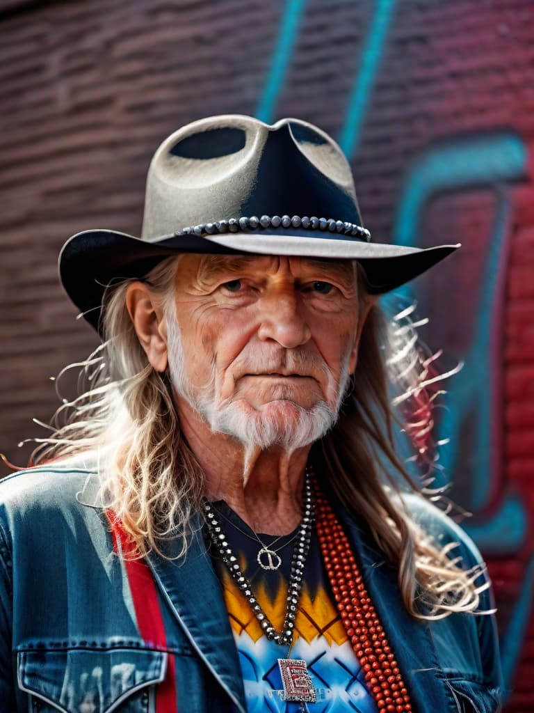  Singer Willie Nelson, medium shot, upper body, spotlight, long exposure lighting, street art style spray paint, glamour lighting