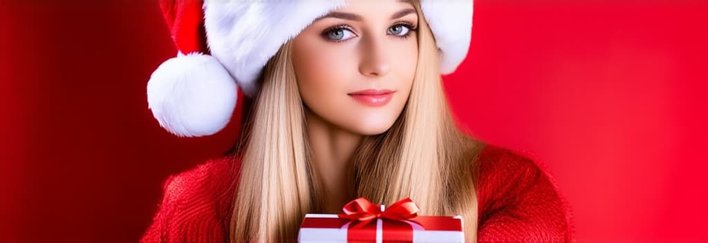  cinematic film style, portrait of a beautiful young , blonde hair with long hair in a santa hat on a red background with a gift in her hands, free space for text on the right, plain background, on the left ar 3:1, shallow depth of field, vignette, maximum details, high budget hollywood movie, bokeh, cinemascope, moody, epic, gorgeous, sun rays and shadows on furniture and surfaces, flattering light, raw photo, photography, photorealistic, 8k resolution, f1.4, sharpened focus, sharp focus