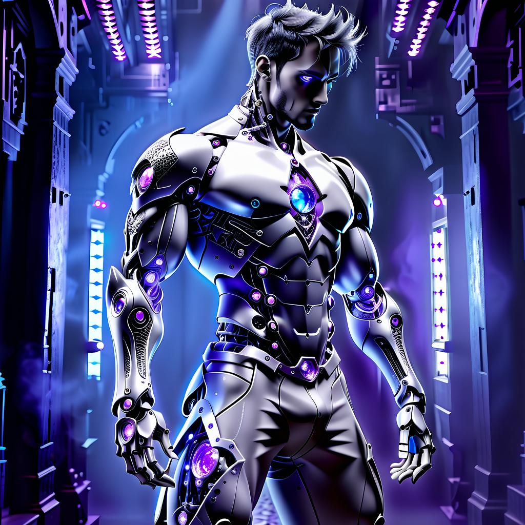  gothic style full length photo, gray robot man, blue shorts, white shirt, bright purple crystals on the back. . dark, mysterious, haunting, dramatic, ornate, detailed, perfecteyes, hkmagic, glowneon