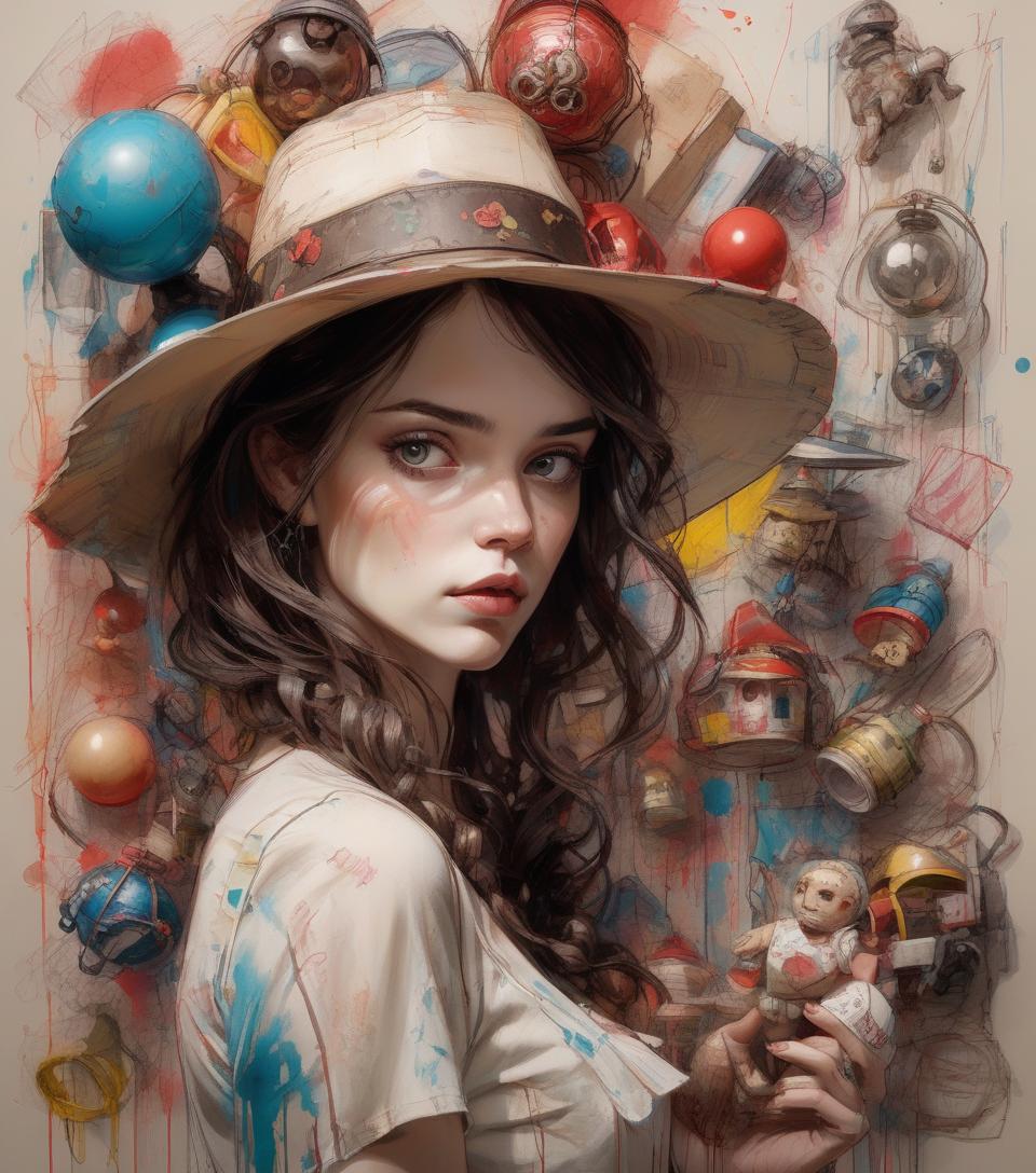  hyperrealistic art complex background, hyper realistic, drawn woman, female, texture, colorful hat, toys, 3d, by abigail larson, william turner, pino daeni, carne griffiths. . extremely high resolution details, photographic, realism pushed to extreme, fine texture, incredibly lifelike