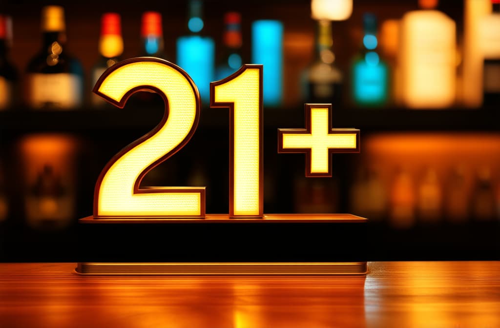  closeup on 3d letters "21+" at bar counter, whiskey bottle blurred in background ar 3:2 {prompt}, maximum details