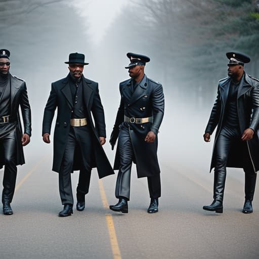  a bunch of black panthers Apply the Following Styles Cinematic hyperrealistic, full body, detailed clothing, highly detailed, cinematic lighting, stunningly beautiful, intricate, sharp focus, f/1. 8, 85mm, (centered image composition), (professionally color graded), ((bright soft diffused light)), volumetric fog, trending on instagram, trending on tumblr, HDR 4K, 8K