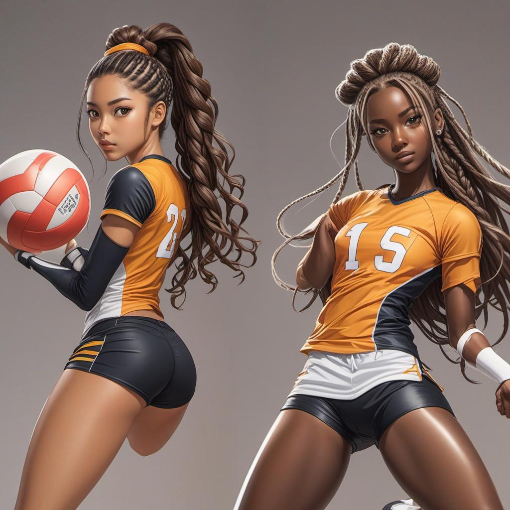  create 2 cartoon book characters playing volleyball. one is african with long braids. the other is white with long ponytail. brown hair. brown eyes , comic style, manga and manhwa style, painting style