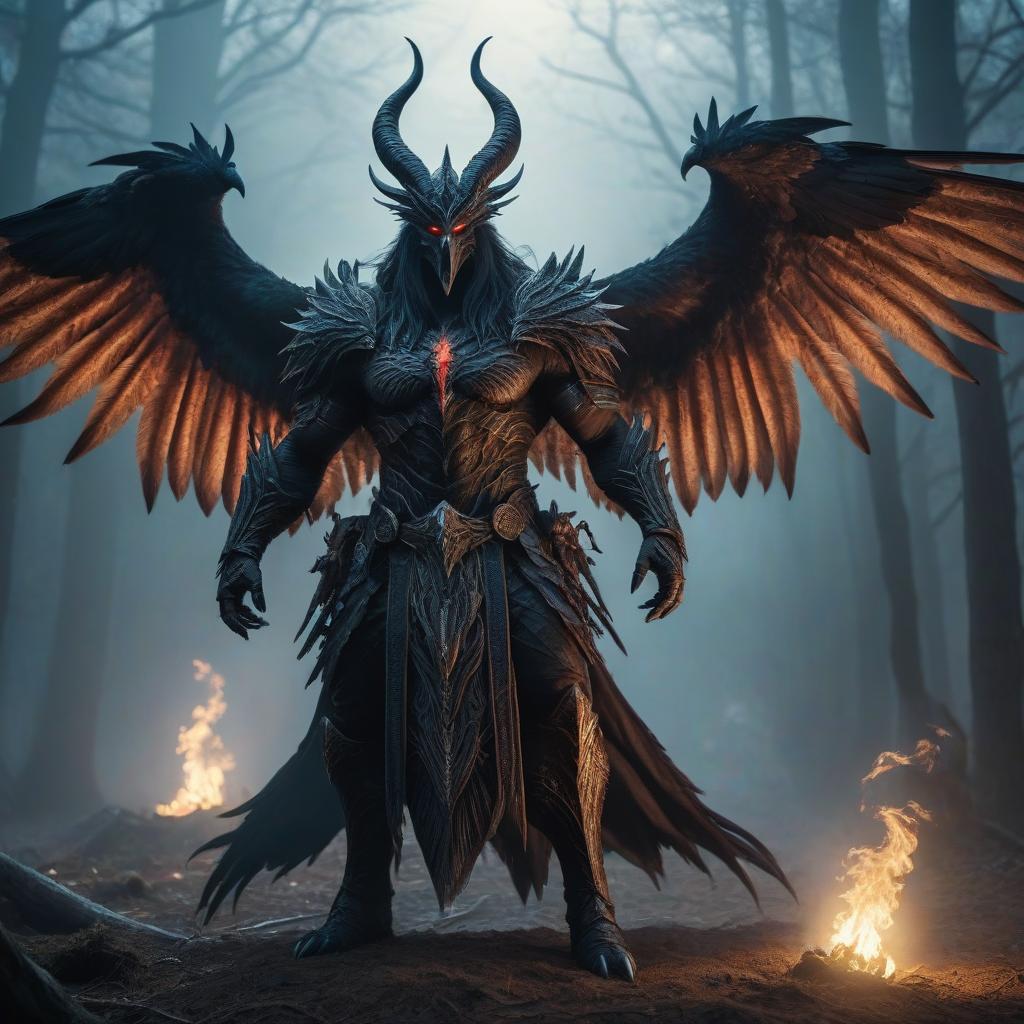  monster bird, demon creator, god of darkness and death, fantasy, man hyperrealistic, full body, detailed clothing, highly detailed, cinematic lighting, stunningly beautiful, intricate, sharp focus, f/1. 8, 85mm, (centered image composition), (professionally color graded), ((bright soft diffused light)), volumetric fog, trending on instagram, trending on tumblr, HDR 4K, 8K