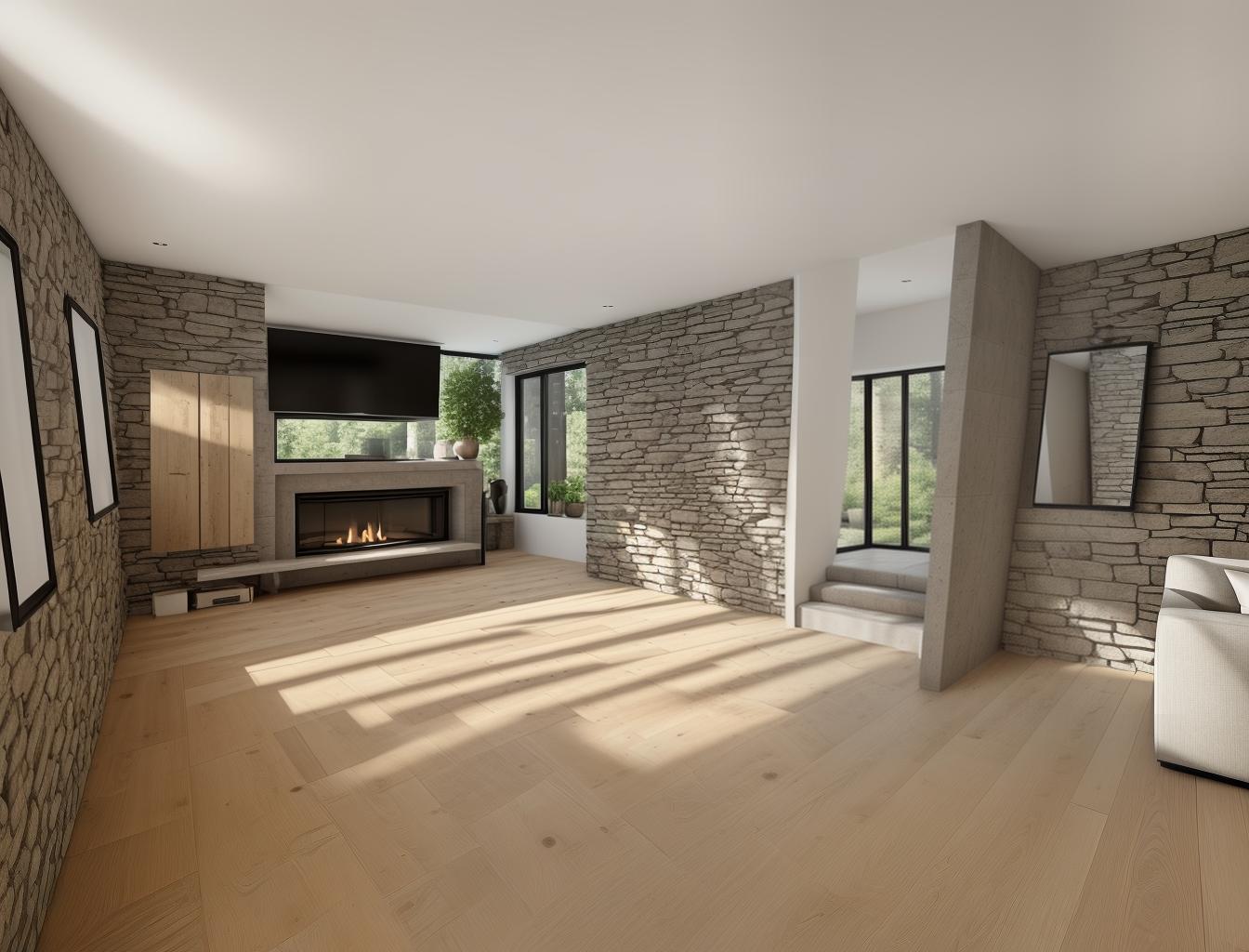  produce a photorealistic rendering of a modern interior with a stone wall as a focal point, complemented by wooden flooring and large windows. add a sleek, modern sofa and minimalist furniture that reflects a contemporary style, creating a space that feels both rustic and sophisticated.