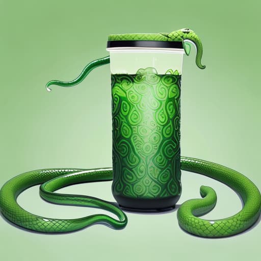  a dark green bubble tea holder, its handle should be a light green snake with a smooth texture and snake patterns on it, the snake head should also be at the end of the handle