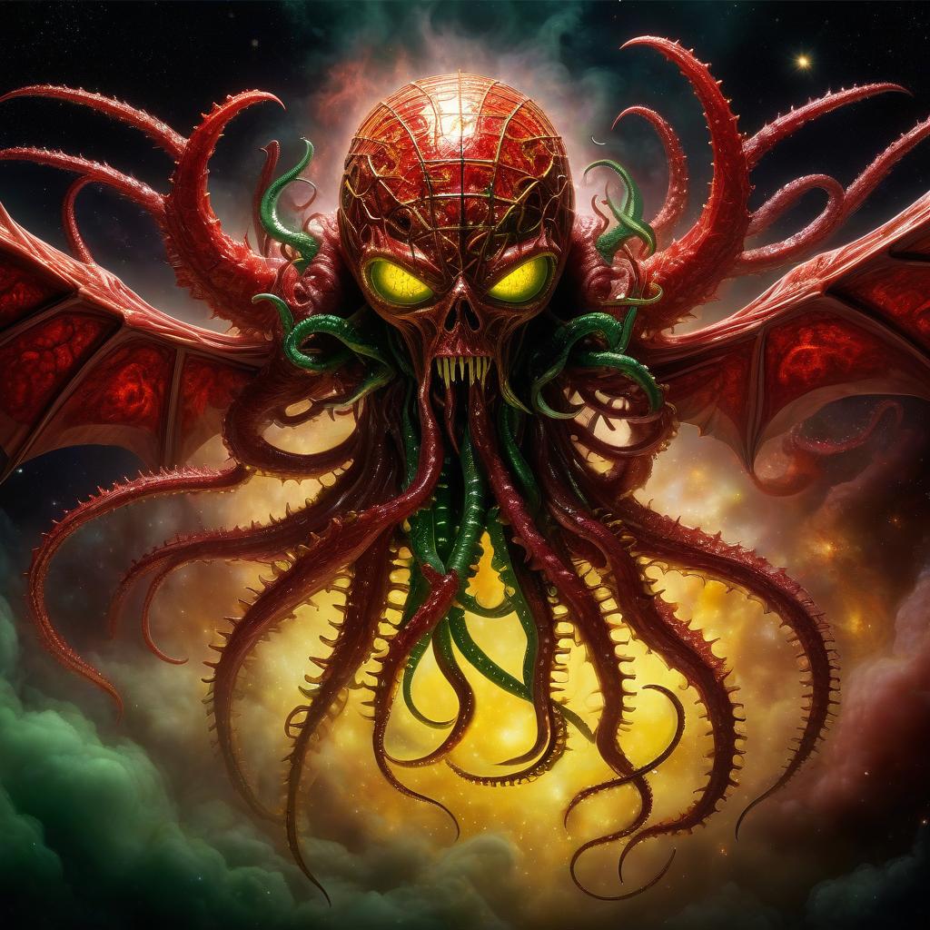  space themed hellraiser in wings looks scary prickly red watch in yellow smoke and green sparks suction cups tentacles eyes all lower jaw sting tentacles claws and a terrible moan in red smoke . cosmic, celestial, stars, galaxies, nebulas, planets, science fiction, highly detailed