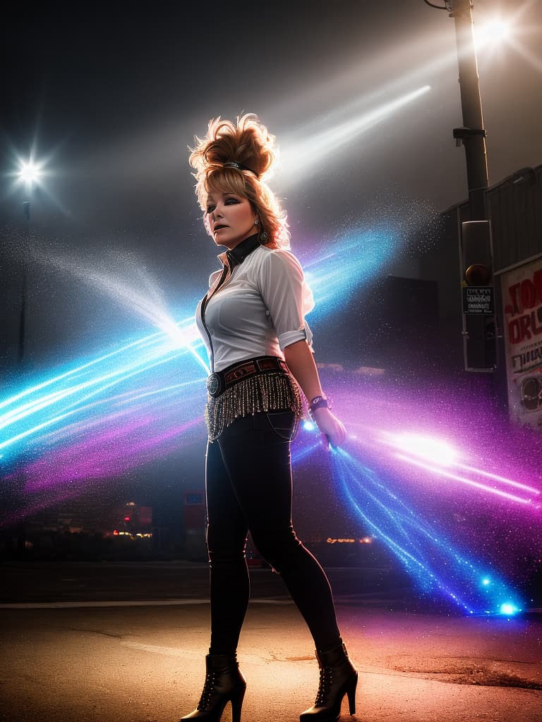  A younger country singer Tanya Tucker, medium shot, upper body, spotlight, long exposure lighting, street art style spray paint, glamour lighting