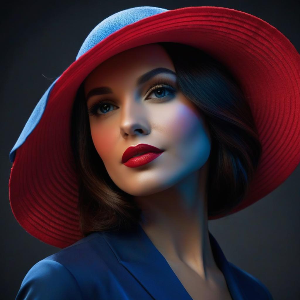  line art drawing close up of a woman in a blue hat, on a dark background, vector graphics, author kuno veeber, computer graphics on trend, digital art, laurie earley,, elegant oil painting, red cloth, parted lips, stunning, 1024 pixel profile photo, glamorous . professional, sleek, modern, minimalist, graphic, line art, vector graphics