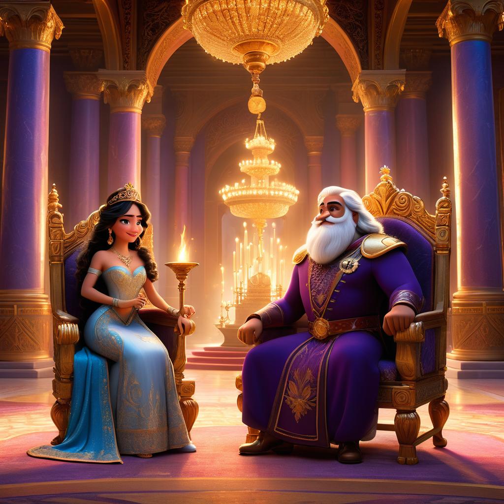  in 3d animated movie style. disney pixar style. {"prompt":{"subject description":"courageous and compionate old named laila in regal persian attire with golden accents, accompanied by mischievous yet supportive 1 old friend adira in a simple dress. they stand in the grand throne room ready for a weighty decision.","environment description":"throne room setting features rich tapestries, marble columns, and warm torchlight symbolizing power and history.","art style":"high resolution pixar 3d animation with lifelike textures on characters and palace decor.","color and light":"deep purples, golds, and blues convey royalty and grandeur. soft, warm lighting creates a regal yet inviting ambiance.","camera angle and compositio