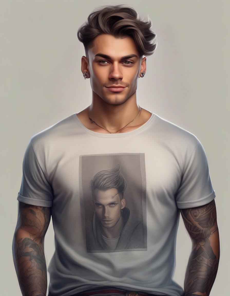  a daring, charismatic young man with a cunning grin, a stern face, high cheekbones, brown eyes and thick hair, looks cunningly with a squint, in tattoos, european appearance, light skin, dressed in a t shirt with open shoulders and sports pants, one hand stretch forward and palm open, photo, realism, a living person, a real person,