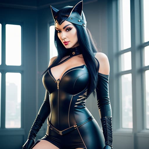  daring beautiful cosplay woman with long black hair dressed as catwoman with ripped costume kneeling in long boots, soft focus, depth of field, 8k photo, hdr, professional lighting, taken with canon eos r5, 75mm lens hyperrealistic, full body, detailed clothing, highly detailed, cinematic lighting, stunningly beautiful, intricate, sharp focus, f/1. 8, 85mm, (centered image composition), (professionally color graded), ((bright soft diffused light)), volumetric fog, trending on instagram, trending on tumblr, HDR 4K, 8K