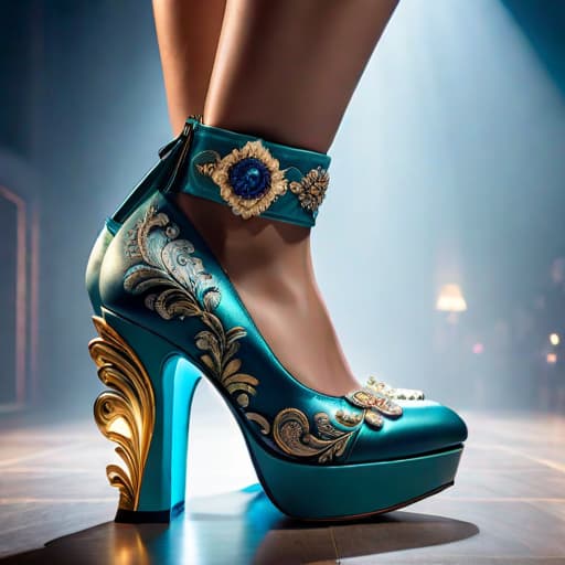  Create a photorealistic digital illustration of a women’s shoe with balanced parts, ornate soles, 8 centimetre height platform heel, and covered in soft, luxurious textured materials. The art style should blend elements of Irregular Choice and Osamu Tezuka hyperrealistic, full body, detailed clothing, highly detailed, cinematic lighting, stunningly beautiful, intricate, sharp focus, f/1. 8, 85mm, (centered image composition), (professionally color graded), ((bright soft diffused light)), volumetric fog, trending on instagram, trending on tumblr, HDR 4K, 8K