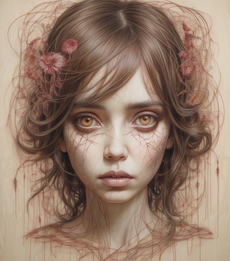  embroidered woman, brown eyes ,dynamic pose, photography by craig mcdean, mark ryden, carne griffiths style.