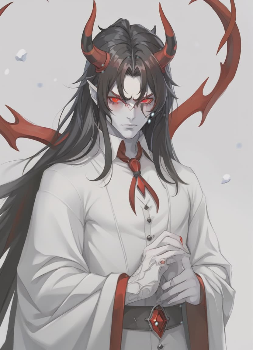  breathtaking man demon, red horns, red eyes, black long hair, winter clothes . award winning, professional, highly detailed