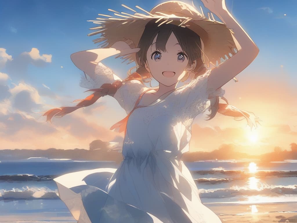  one girl, straw hat, white dress, raising hands, front, beach, sun