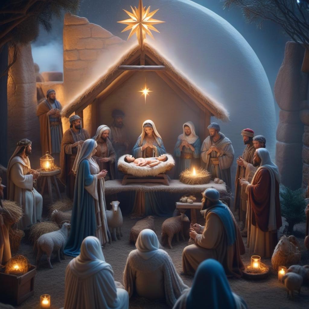  A beautiful nativity scene hyperrealistic, full body, detailed clothing, highly detailed, cinematic lighting, stunningly beautiful, intricate, sharp focus, f/1. 8, 85mm, (centered image composition), (professionally color graded), ((bright soft diffused light)), volumetric fog, trending on instagram, trending on tumblr, HDR 4K, 8K