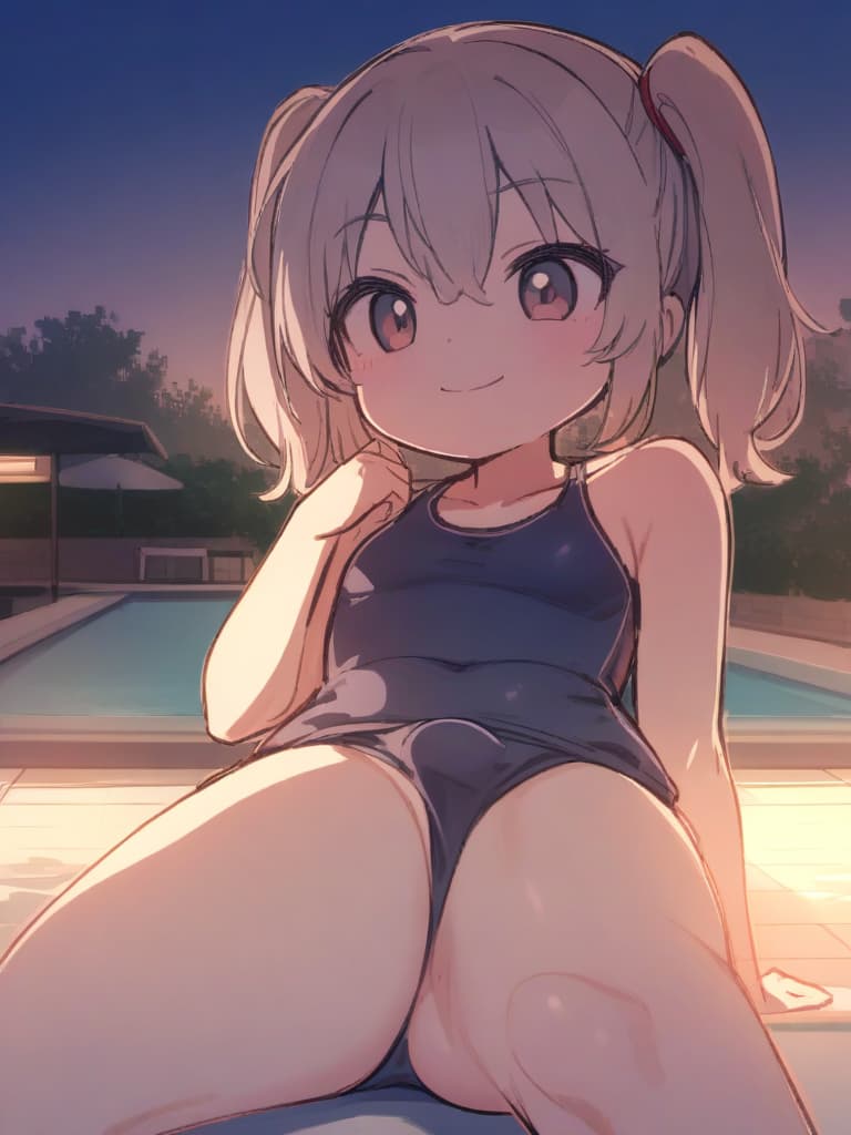  women's elementary students (male), twin tails, cute smiles, rich s, low stature, dark blue swimwear, old swimwear, , simple, , (bulge), male (bulging), front, whole body, pool side,