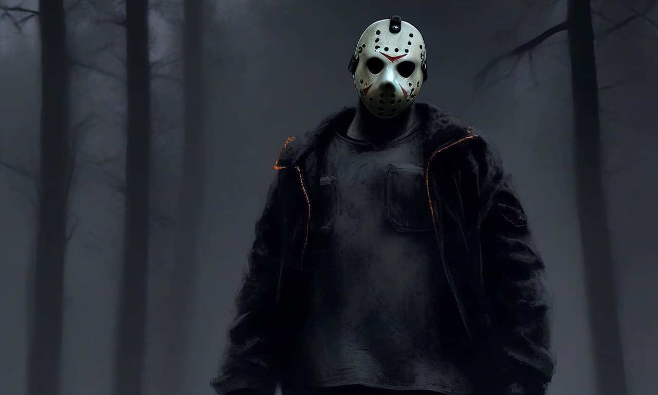  horror themed jason voorhees examines the contents of his backpack. jason is shown wearing a black jacket and black pants, with a canonical mask on his face. he is holding an orange backpack. in the background is a forest in thick fog . eerie, unsettling, dark, spooky, suspenseful, grim, highly detailed