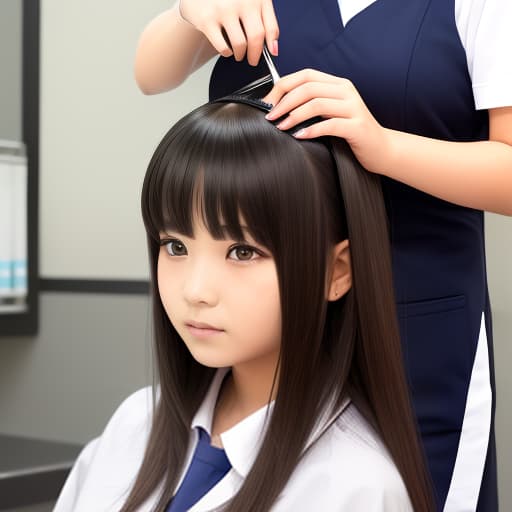  Beauty salon, haircut, girl having her long hair cut with scissors, moment of haircut, tearful expression, girl, school uniform.