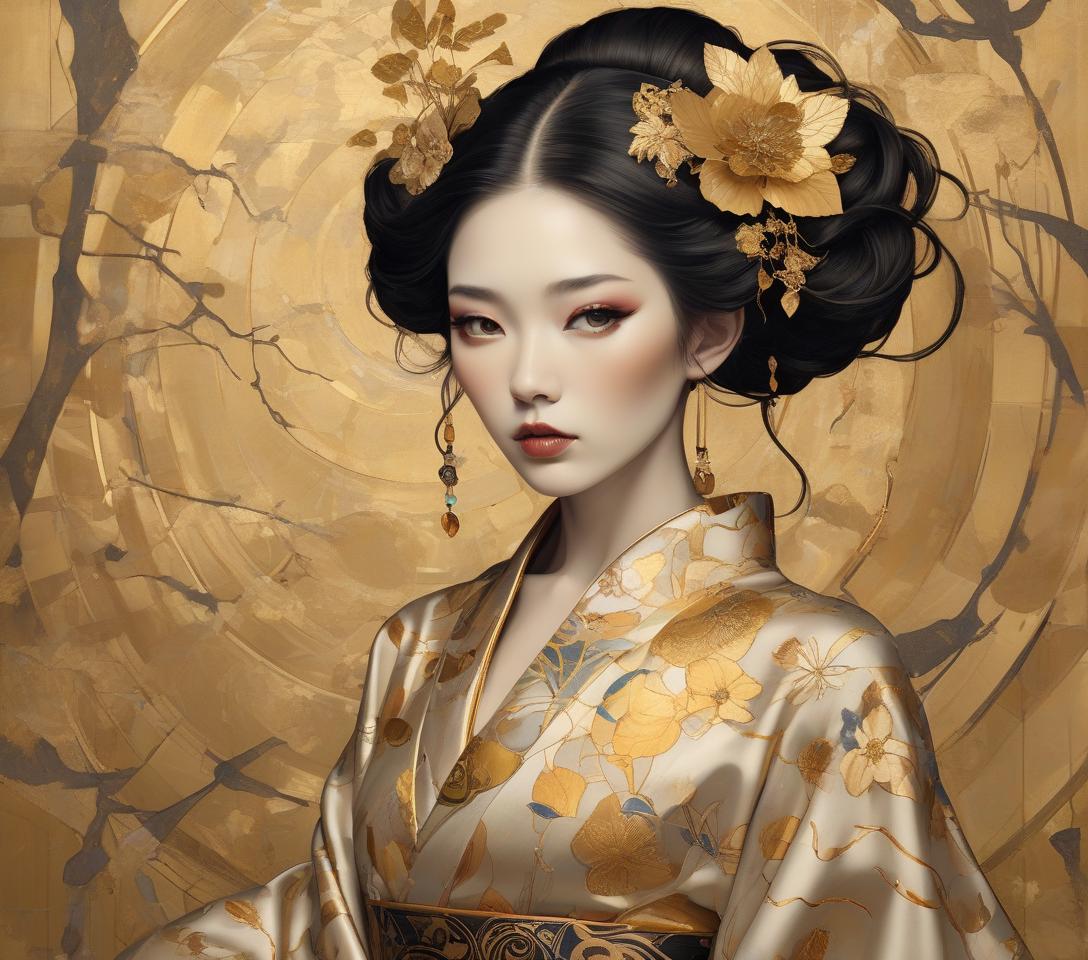  concept art a mystical artwork with a female figure adorned with floral headpiece and golden attire, exuding an ethereal, otherworldly charm. imagine an intricately detailed image of a steampunk geisha, her vivid eyes with a dreaming look sparkle beneath long lashes. she is dressed in a gossamer silk kimono, embodying high contrast and decorative designs reminiscent of the art deco era. the portrait seamlessly integrates a mixed media collage approach for added dimension and texture. it pays homage to the flat, decorative patterns and vivid, unnatural colors championed by the symbolist movement (gustav klimt) and pre raphaelite (botticelli) artists, rendered with the depth and richness of oil painting. elements of kintsugi, using gold and 