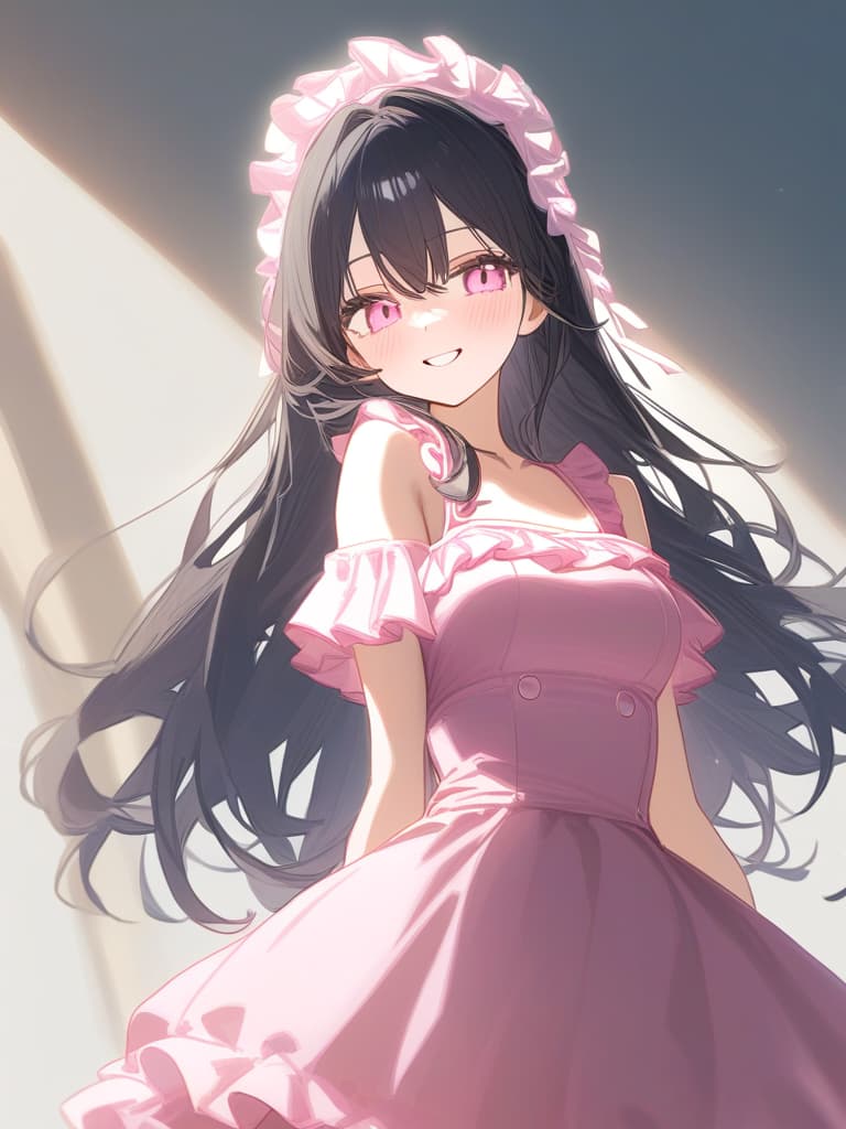  cute face focus,cute,black hair,light pink eyes,cute posing,frill onepiece,long hair,adult,shy,smile,head dress