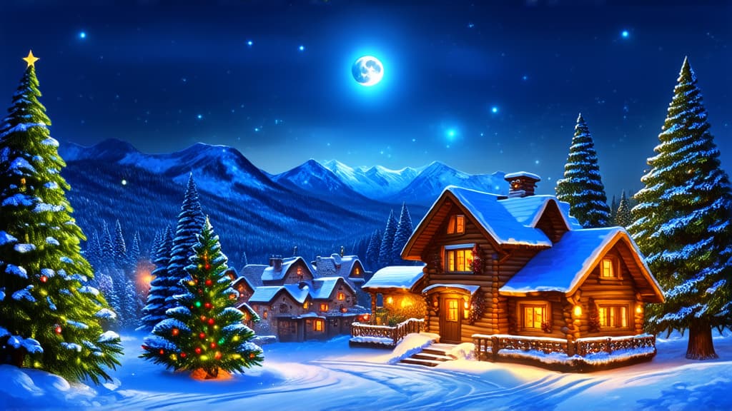  charming fairy tale village, snow covered decorated christmas trees, warm inviting cabin, ultra sharp digital oil painting, snowflakes, mountains with waterfall, soft light far away full moon, glitter, stars, stardust, hyper realistic, well rendered, detailed ar 16:9 {prompt}, maximum details