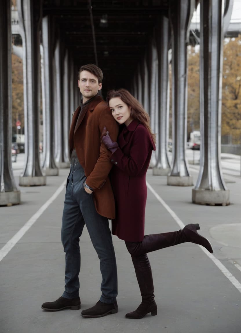  man and woman standing in front of large metal poles